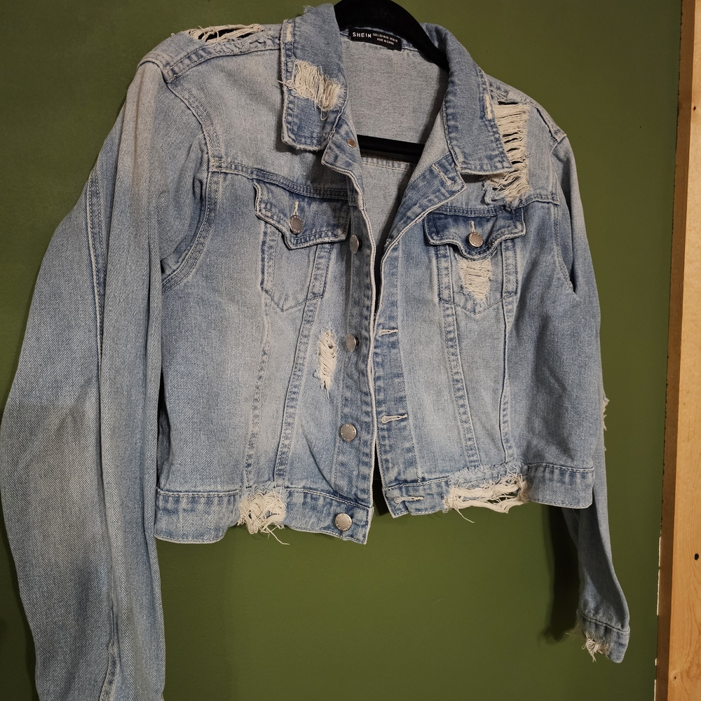 Shein Cropped Distressed Light Blue Denim Jacket